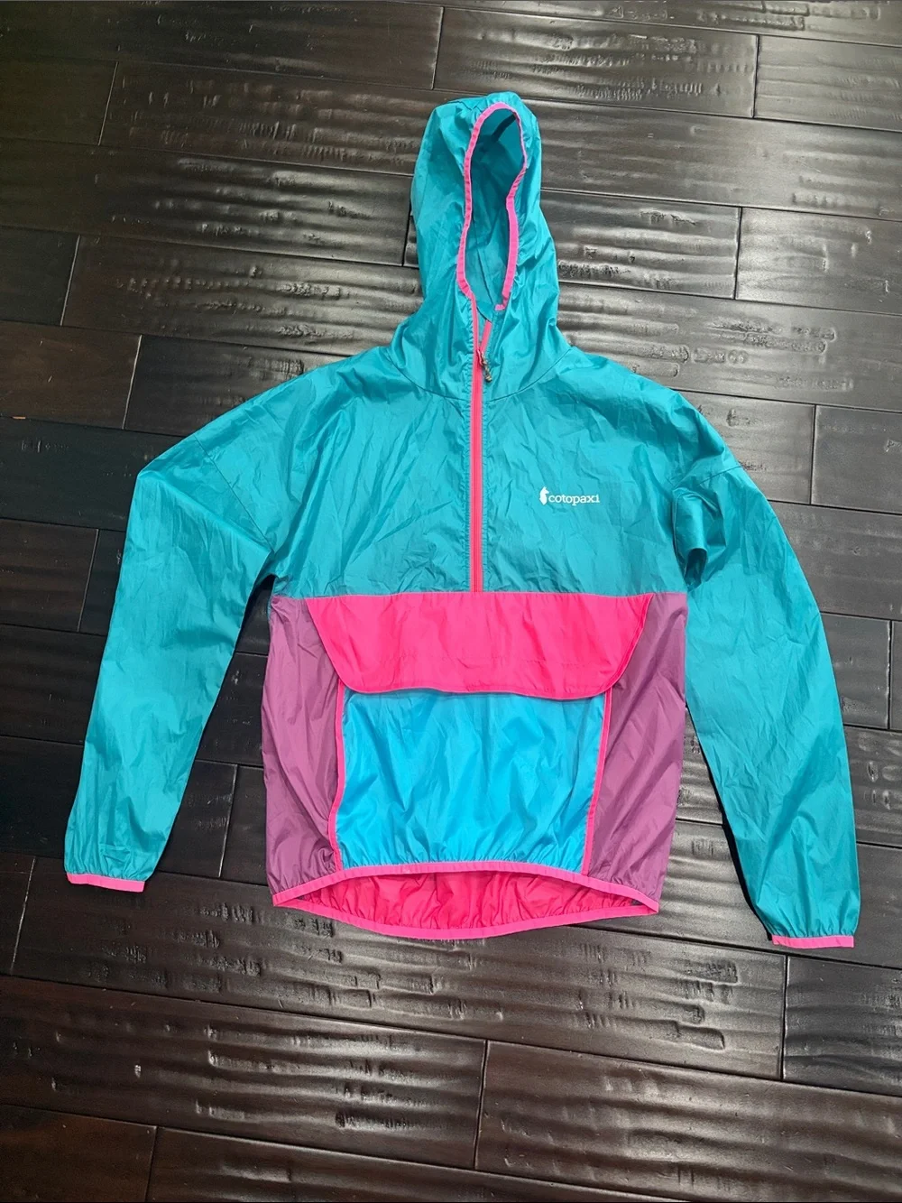 cotopaxi Teal, Pink & Purple Hooded Packable Rain Pullover